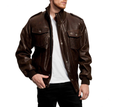Men’s leather bomber jacket with zipper front and ribbed cuffs