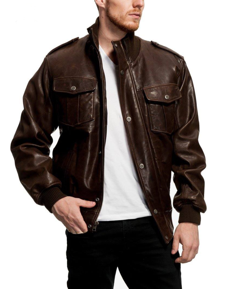 Men’s leather bomber jacket with zipper front and ribbed cuffs