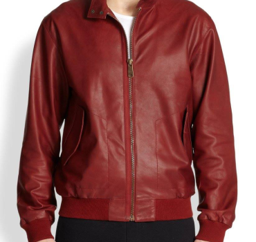 Men’s leather bomber jacket with zipper front and ribbed cuffs