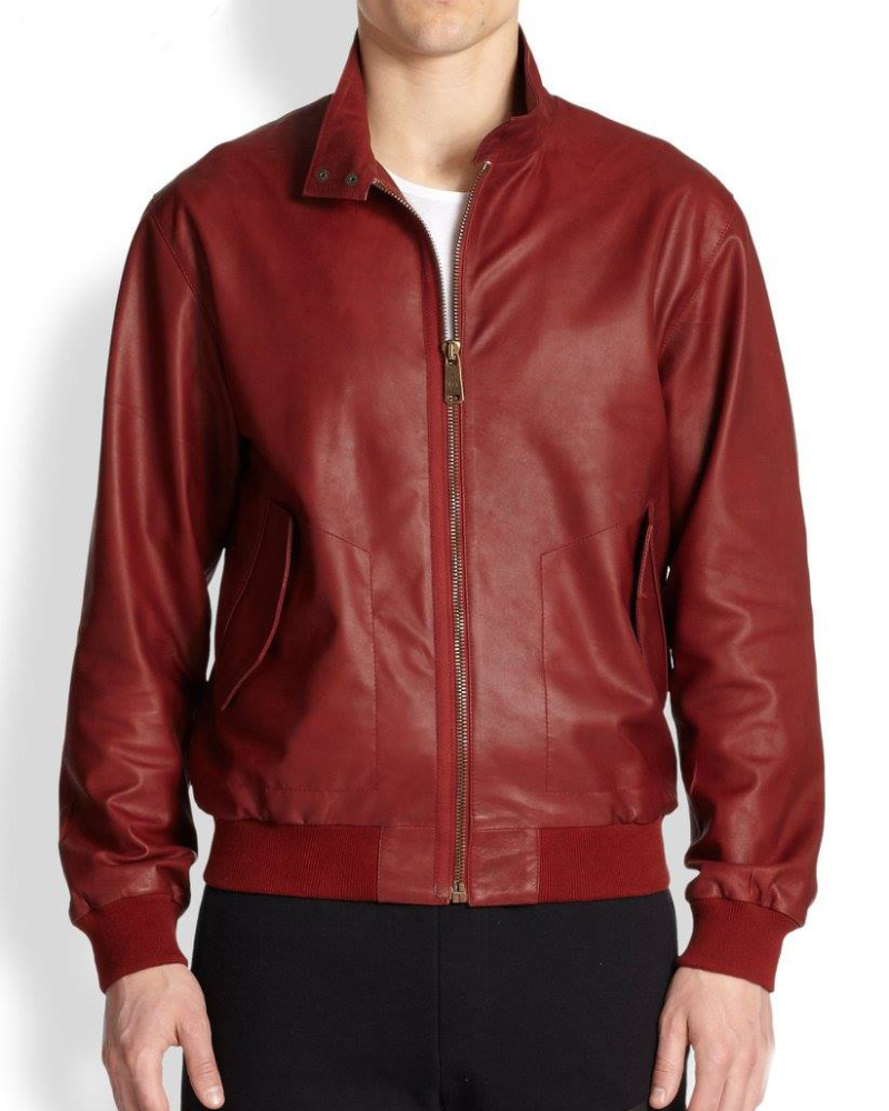 Men’s leather bomber jacket with zipper front and ribbed cuffs