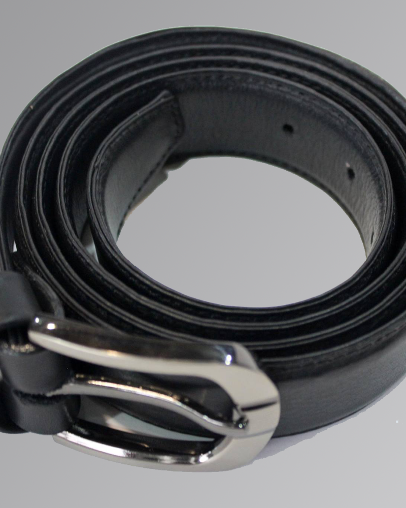 Black leather Brid belt with silver buckle on white background