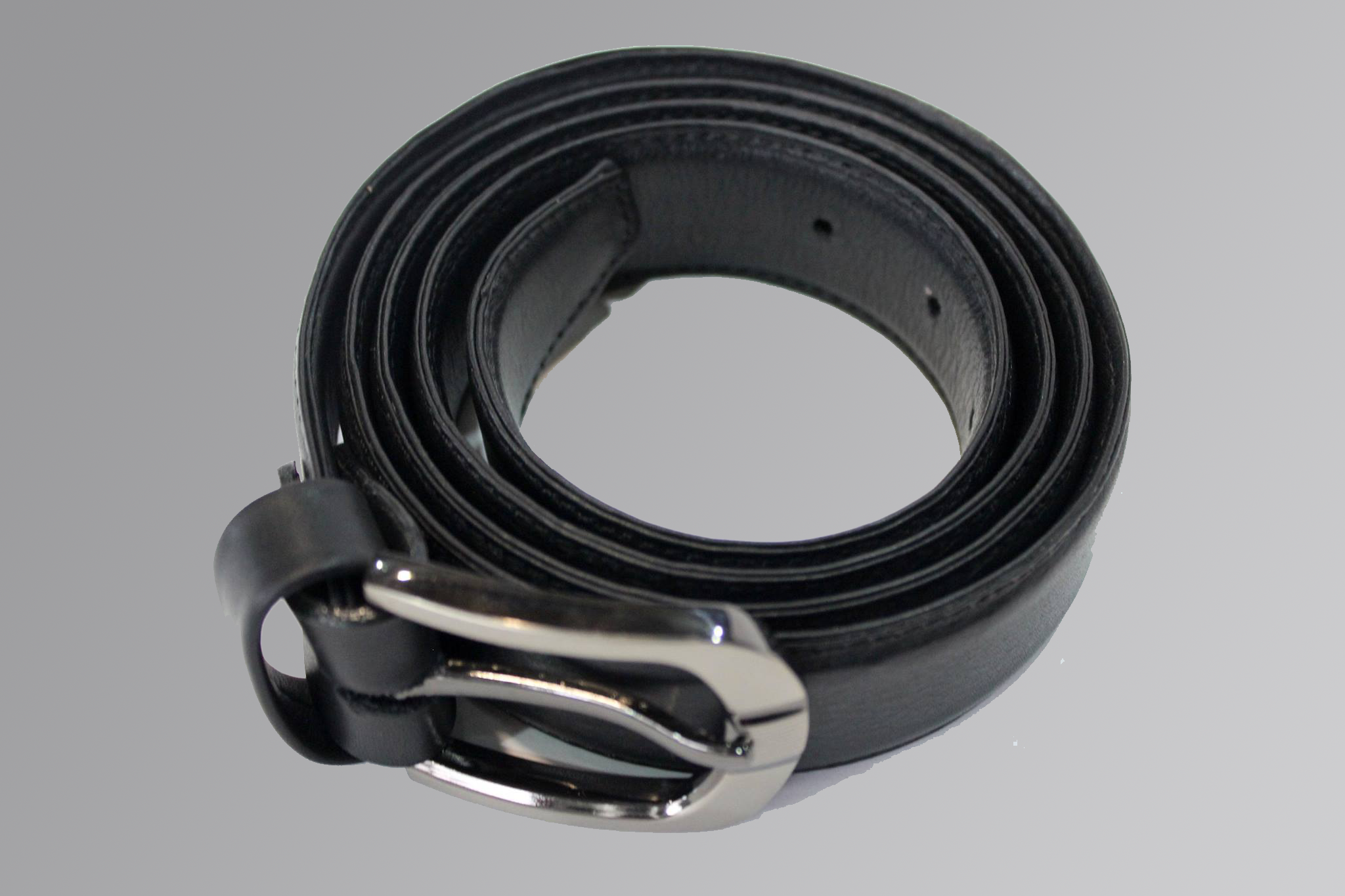 Black leather Brid belt with silver buckle on white background