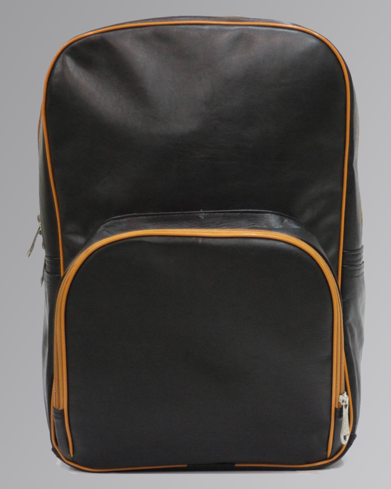 Black leather backpack with front zipper pocket and padded straps on white background