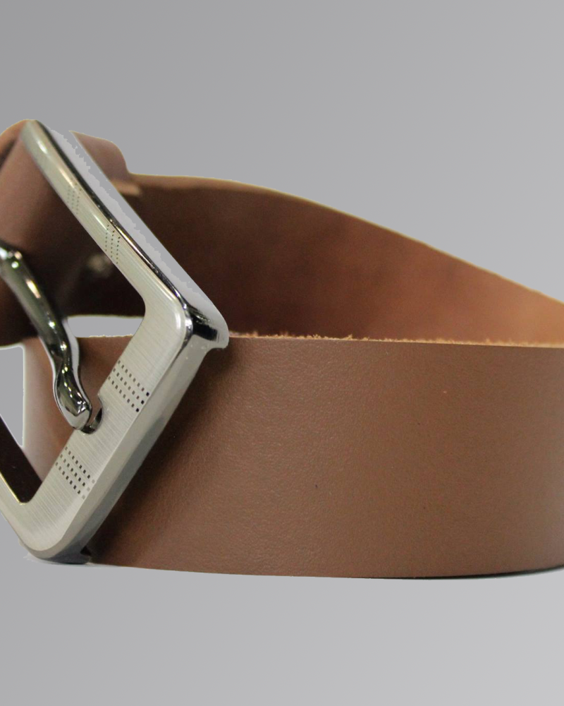 Buffalo leather belt with textured finish and metal buckle on neutral background
