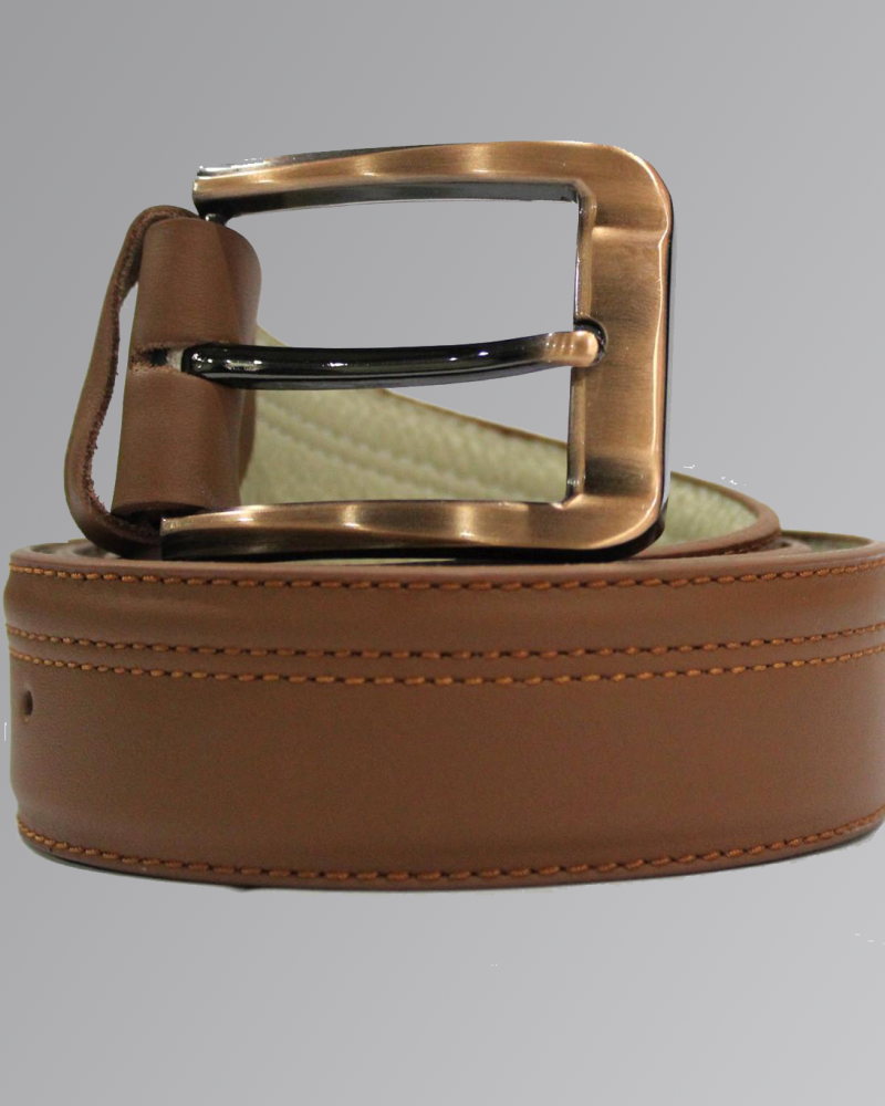 Leather belt with center stitching and metal buckle on light background