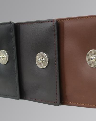Men’s Nappa button wallet made from soft leather with a secure closure and multiple card slots.