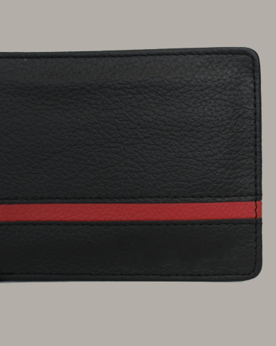 Men’s striped wallet with sleek design, card slots, and bold accent detailing.