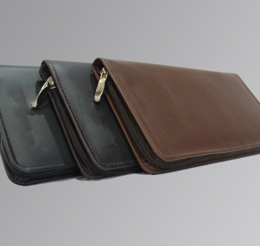 Men’s travel wallet with compartments for passport, cards, and travel documents.