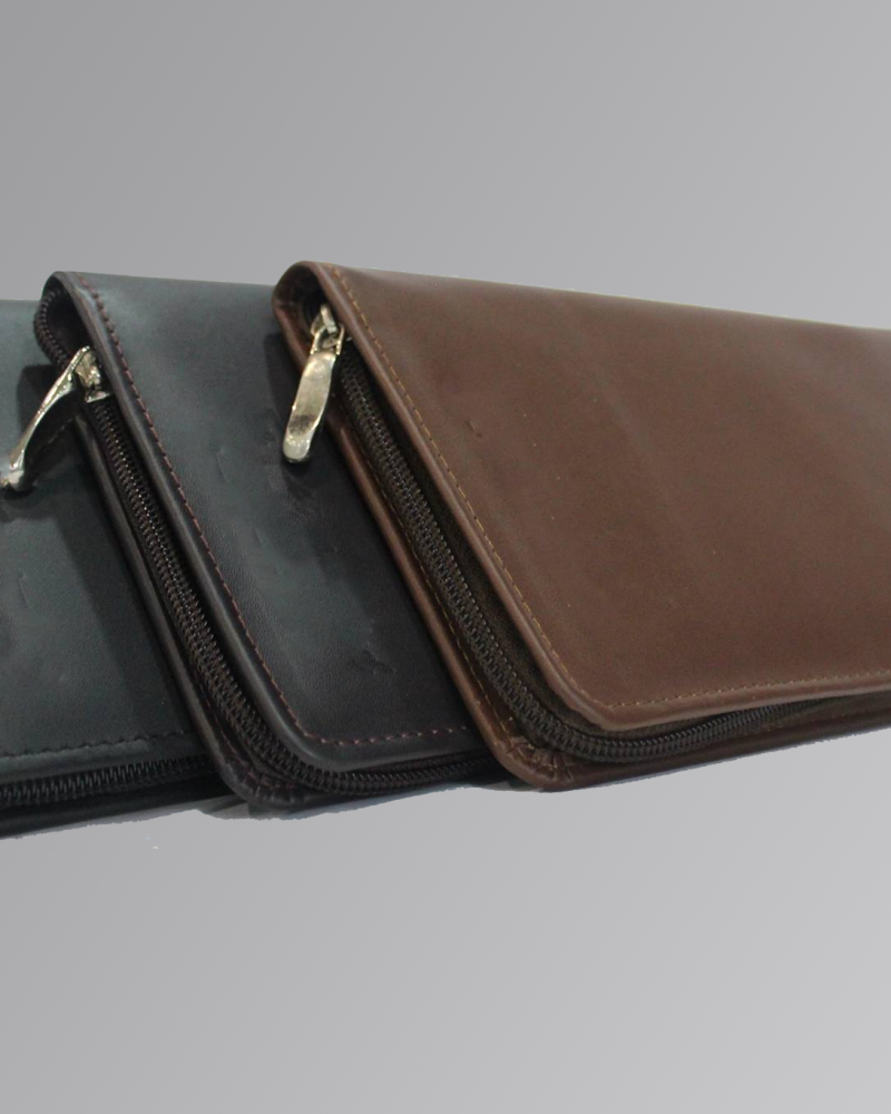 Men’s travel wallet with compartments for passport, cards, and travel documents.