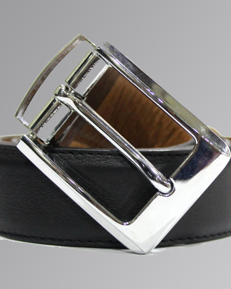 Double-sided reversible leather belt with rotating buckle on white background