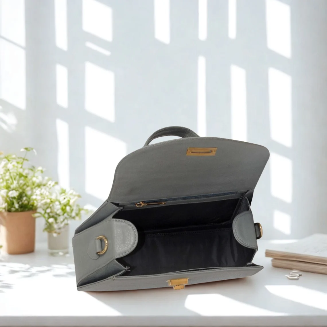 Leather Hill grey top-handle bag interior with zip pocket