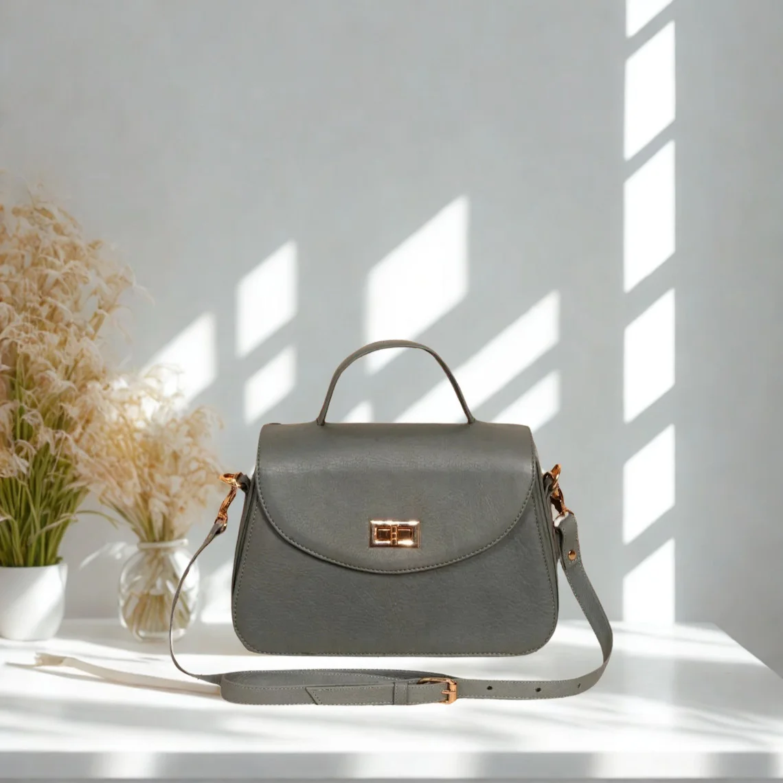 Leather Hill grey women's leather top-handle bag with shoulder strap