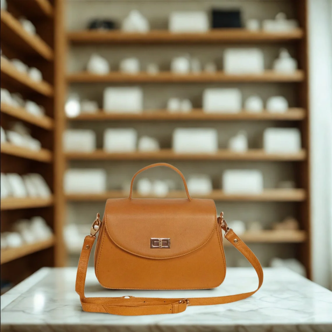 Leather Hill Top-Handle Bag – Tan Camel – Front View