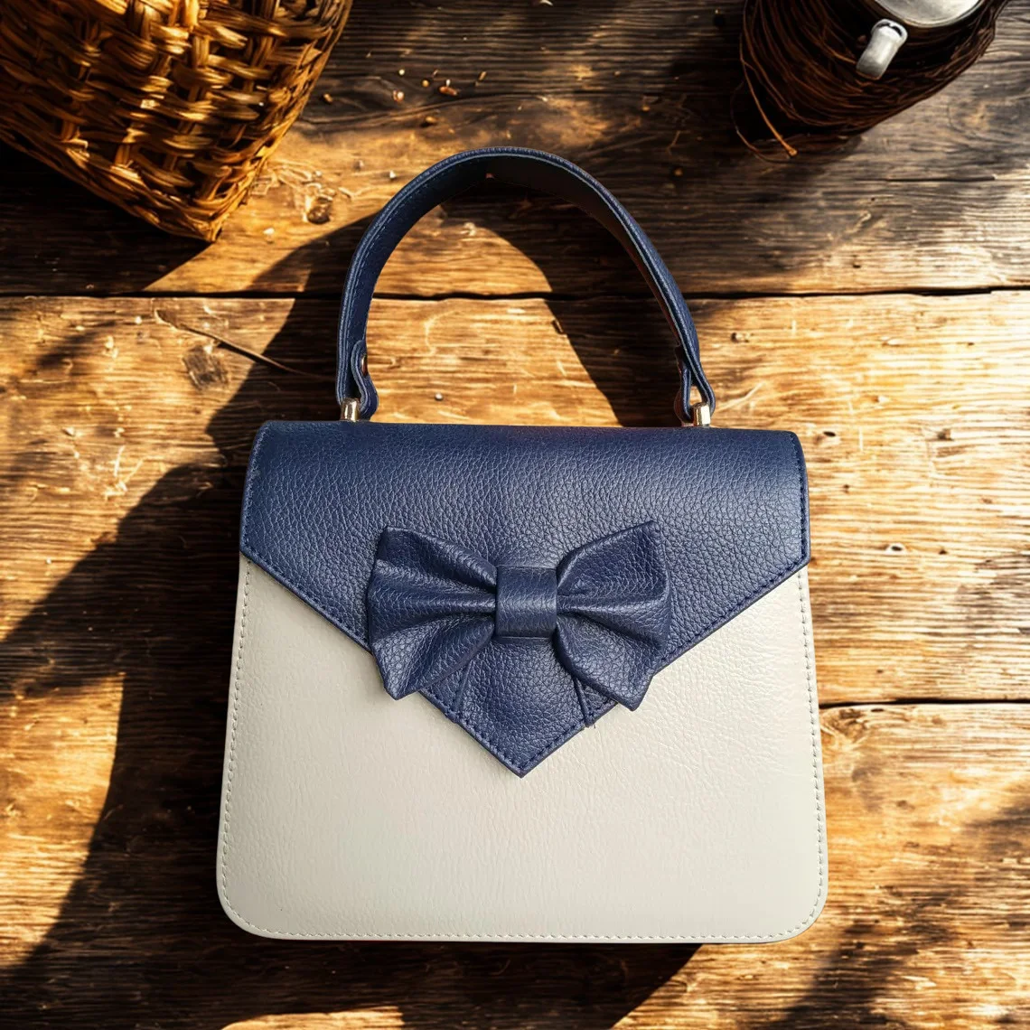 Leather Hill Bow Satchel in blue and white