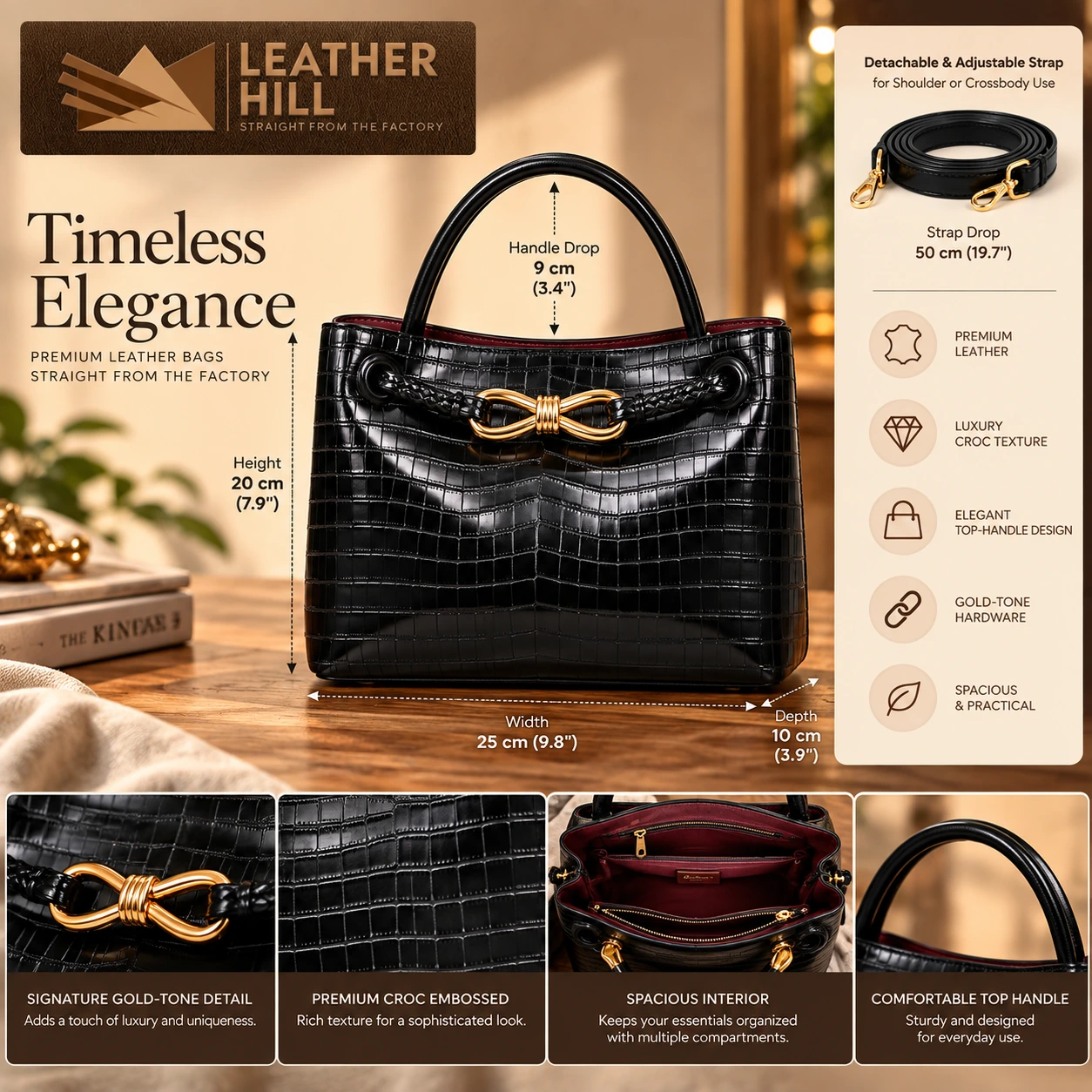 Leather Hill black crocodile style handbag details with gold-tone hardware