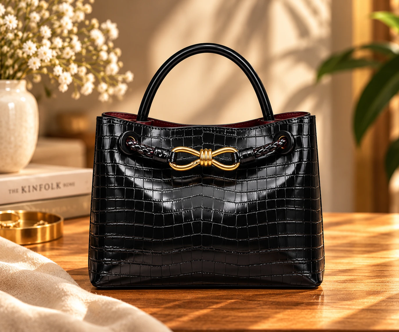 Leather Hill black crocodile style handbag with top handle