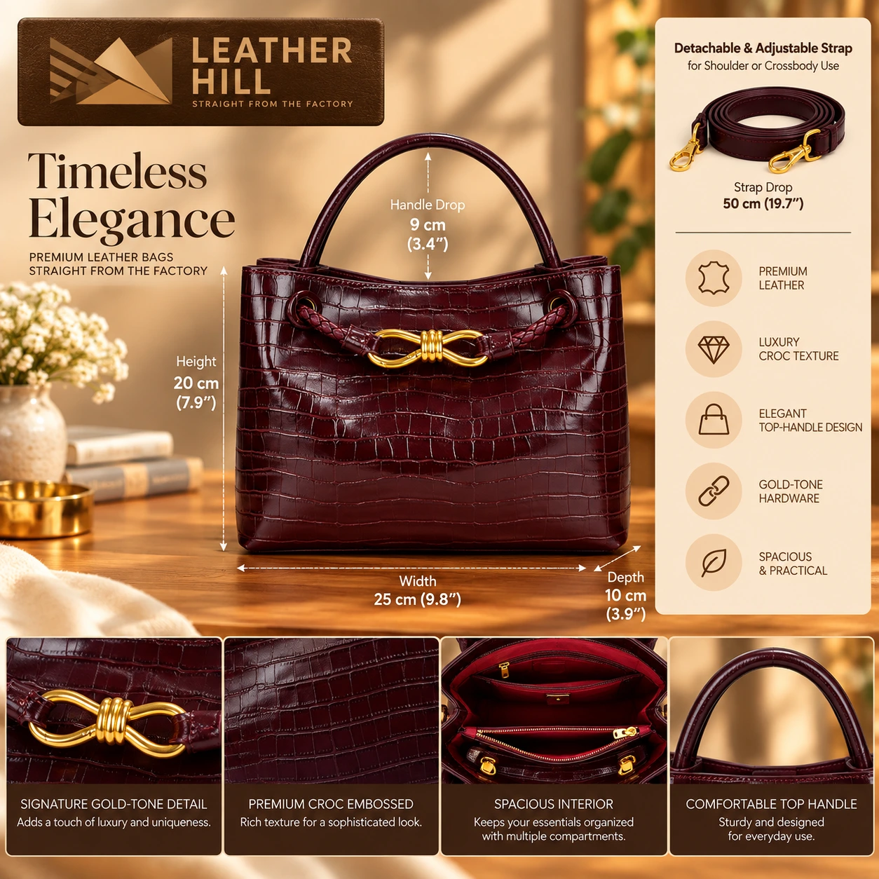 Leather Hill Bordeaux red crocodile style handbag details with gold-tone hardware