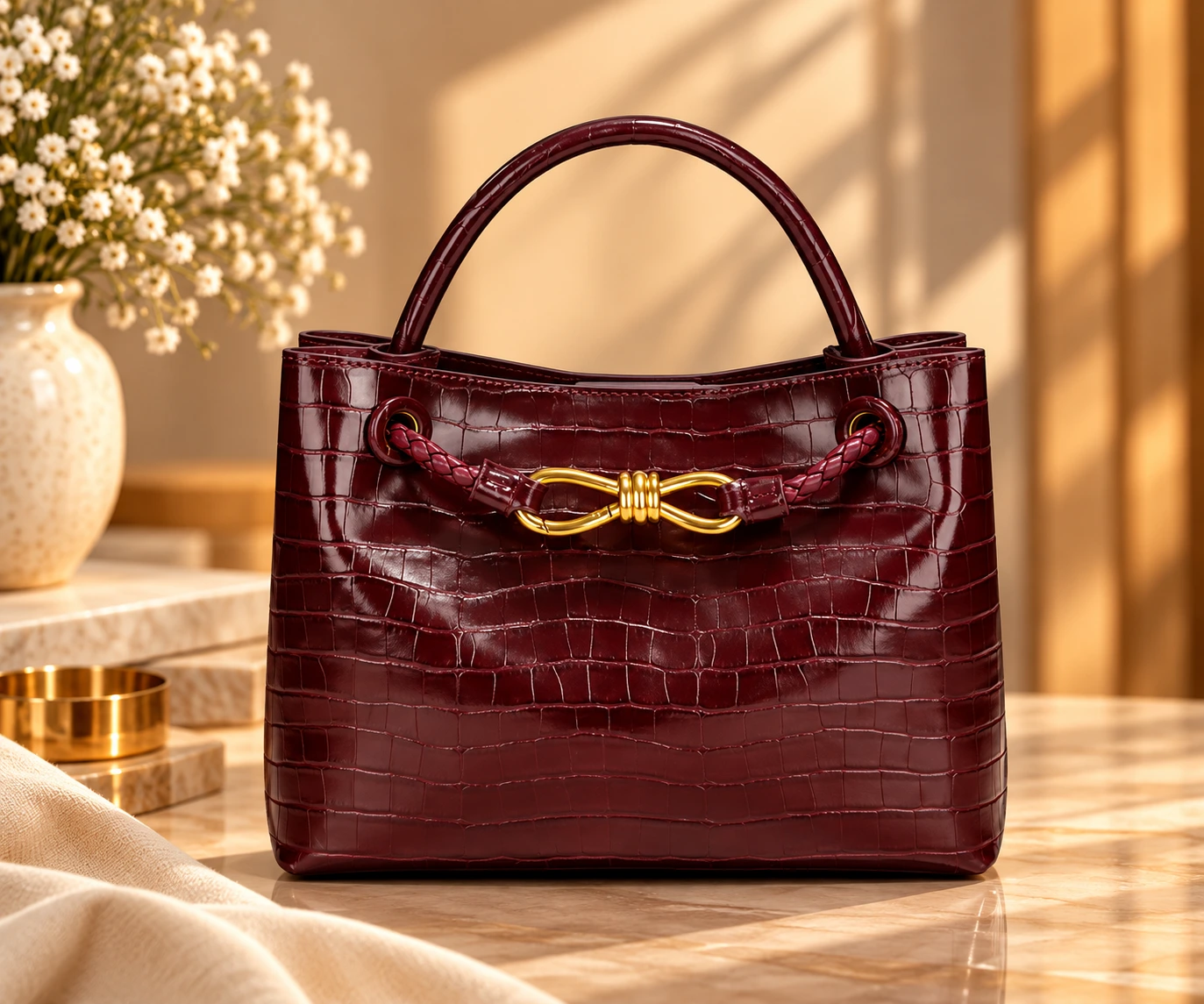 Leather Hill Bordeaux red crocodile style handbag with top handle