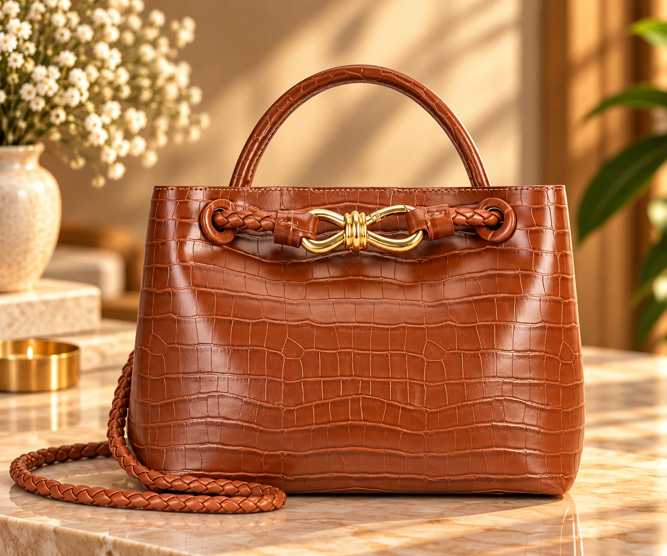 Leather Hill brown crocodile style handbag with top handle